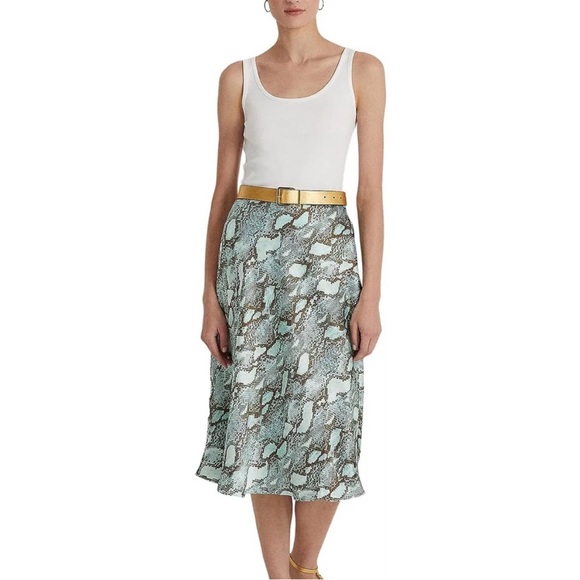 Lauren Ralph Lauren 2 Skirt Snakeskin Print Turquoise Multi Satin Charmeuse NWT - Picture 9 of 11